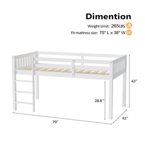 Twin Low Loft Bed Frame with Guardrail and Ladder