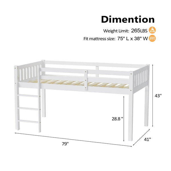 Twin Low Loft Bed Frame with Guardrail and Ladder