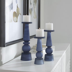 Midnight Blue Glass Pillar Candle Holders Set of 3