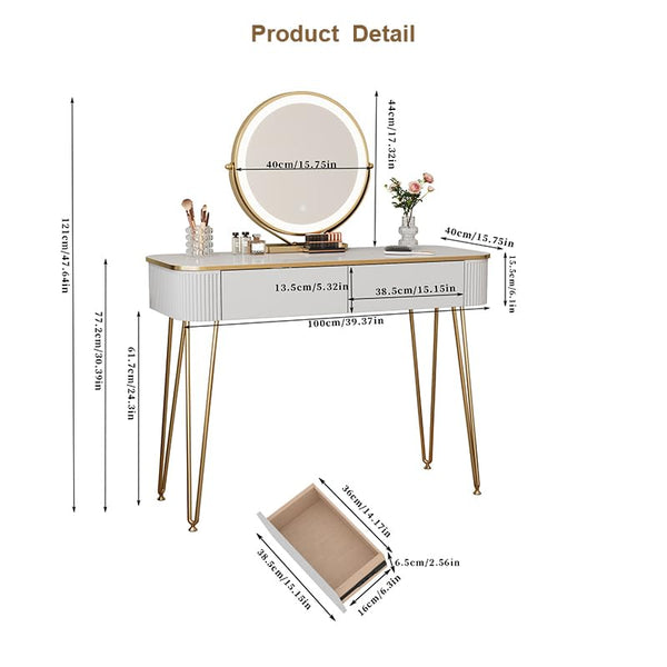 Small Vanity Desk Set with Round Mirror & LED Lights