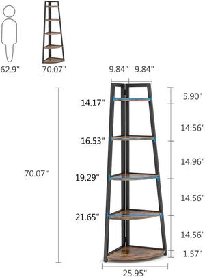 5-Tier Corner Shelf, 70-Inch Tall Industrial Bookcase & Plant Stand