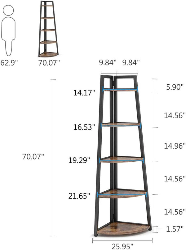 5-Tier Corner Shelf, 70-Inch Tall Industrial Bookcase & Plant Stand