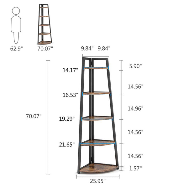 5-Tier Corner Shelf, 70-Inch Tall Industrial Bookcase & Plant Stand