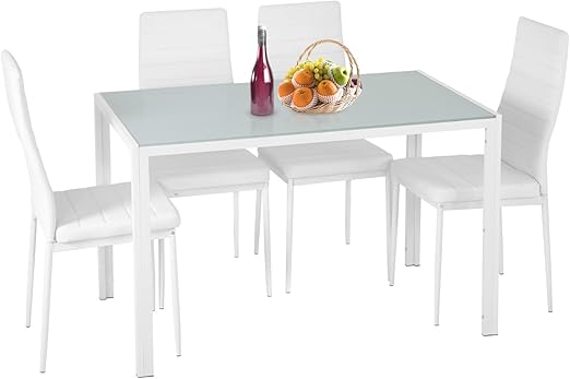 5-Piece Glass Dining Table Set with 4 Upholstered Faux Leather Chairs