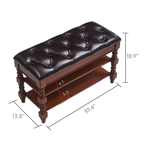 Solid Wood Shoe Storage Bench with Lift-Top Leather Seat, 2-Tier Entryway Organizer