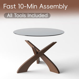 30.7" Round Glass Coffee Table with Walnut Wood X-Base