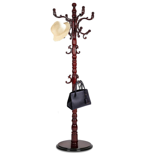 Freestanding Wooden Coat Rack with 14 Hooks