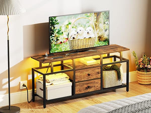 YATINEY TV Stand with LED Light and Power Outlets, Entertainment Center with Fabric Drawers and Open Shelves, 41.7" TV Cabinet for TVs up to 45 Inch, Media Console for Living Room, Brown DS03UDBR