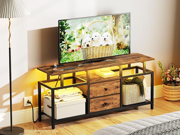 YATINEY TV Stand with LED Light and Power Outlets, Entertainment Center with Fabric Drawers and Open Shelves, 41.7" TV Cabinet for TVs up to 45 Inch, Media Console for Living Room, Brown DS03UDBR