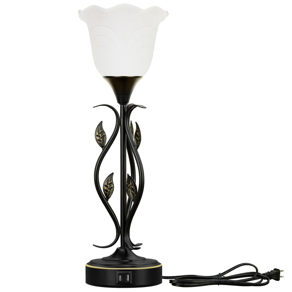 Dimmable Touch Table Lamps Set of 2 with USB Port & Glass Flower Shade