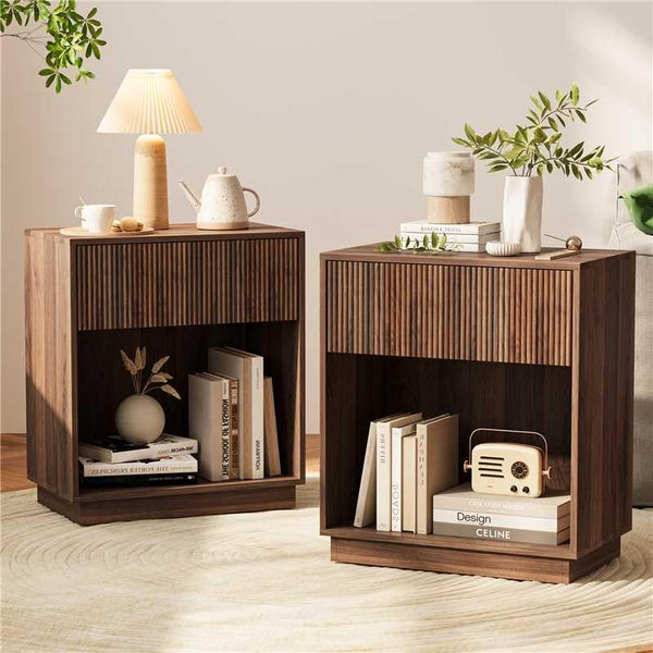 Fluted Nightstands Set of 2 with Drawer and Storage Shelf