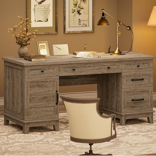 60-Inch Farmhouse Executive Desk with File Drawers & Charging Station