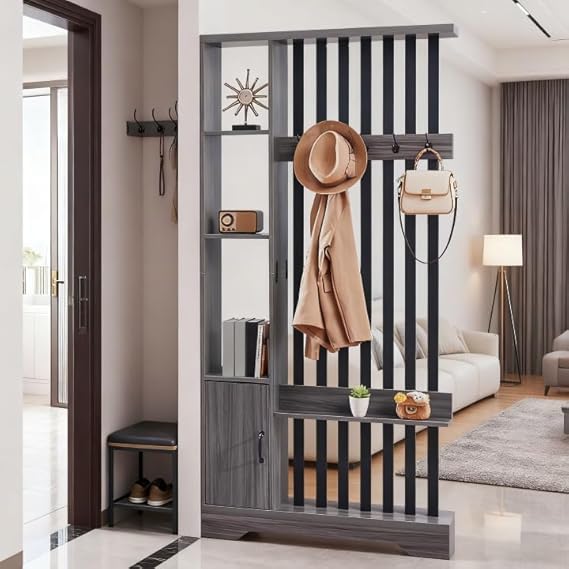 Room Divider with Shelves, Storage Cabinet & Coat Rack