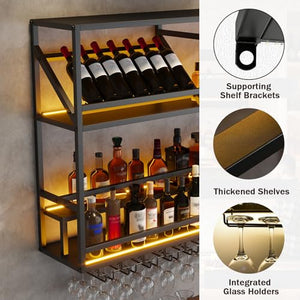 Wall Mounted Bar Shelf with LED & Wine Glass Rack