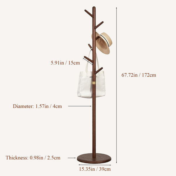 Ash Wood Freestanding Coat Rack with 6 Hooks – Walnut Brown