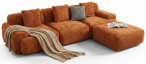 VK·LIVING 113" Cloud Sectional Couch, Deep Seat Boneless Sofa with Wide Armrests, Modular Plush Corduroy Memory Foam Couch for Living Room Office, No Assembly Needed, Orange