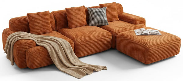 VK·LIVING 113" Cloud Sectional Couch, Deep Seat Boneless Sofa with Wide Armrests, Modular Plush Corduroy Memory Foam Couch for Living Room Office, No Assembly Needed, Orange