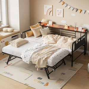 Twin Daybed with Pop-Up Trundle, RGB LED Headboard & Charging Station