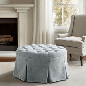Round Button-Tufted Ottoman with Pleated Skirt