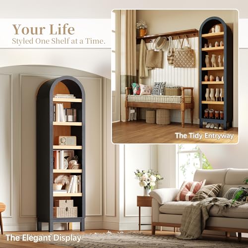 69" Tall Skinny Bookshelf with Arched Top & Adjustable Shelves