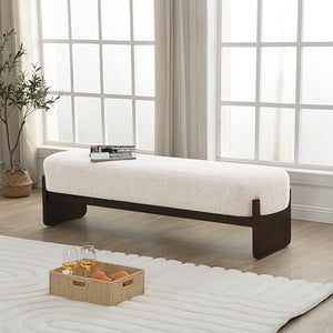 Rectangular Loop Yarn Ottoman Bench with Rubberwood Frame