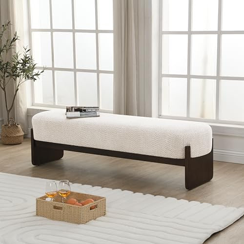 Rectangular Loop Yarn Ottoman Bench with Rubberwood Frame
