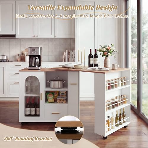 Rolling Kitchen Island with Extendable Table & Storage
