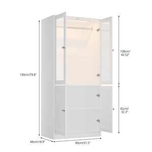Wardrobe Closet with Glass Doors, LED Lighting & Drawers