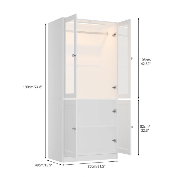 Wardrobe Closet with Glass Doors, LED Lighting & Drawers