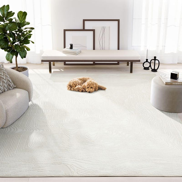 Cream Geometric Area Rug – Wavy Border Pattern