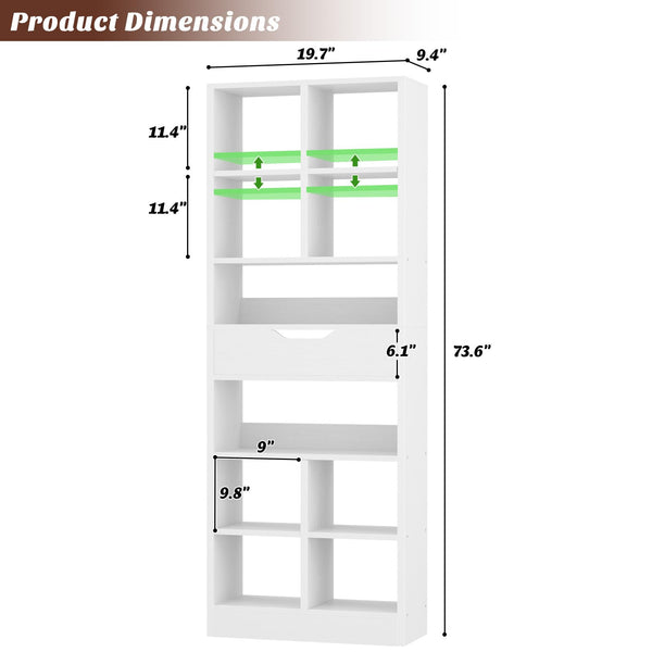 8-Tier Tall Narrow Bookshelf with Drawer