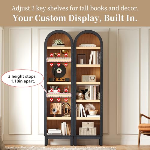 69" Tall Skinny Bookshelf with Arched Top & Adjustable Shelves