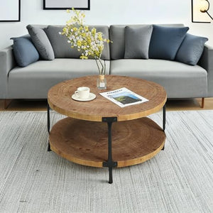 Round 2-Tier Wood Coffee Table | 29.1" Boho Farmhouse