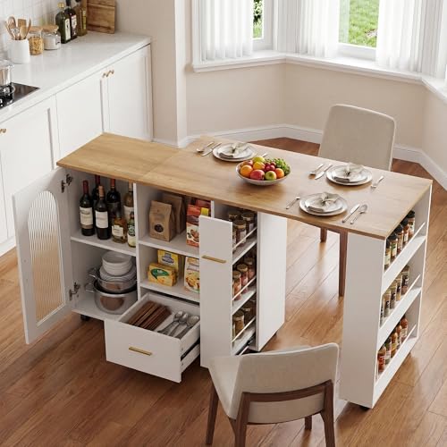Rolling Kitchen Island with Extendable Table & Storage