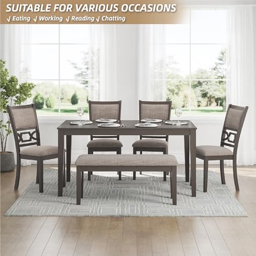 6-Piece Transitional Dining Table Set with Bench and Upholstered Chairs, Seats 6