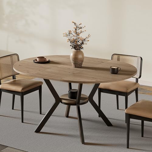 Extendable Round to Oval Dining Table with Hidden Leaves & Storage Shelf