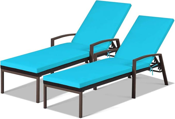 PE Rattan Chaise Lounge Chair Set of 2 with Adjustable Backrest & Cushions