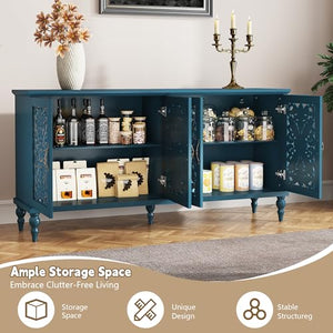 Hollow Carved Wood Accent Cabinet with 4 Doors