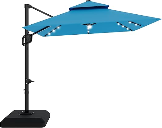10 ft Cantilever Patio Umbrella with Solar LED Lights & 360° Rotation