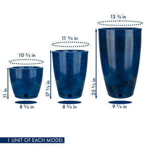 Blue Plastic Plant Pots Set of 3 with Drainage Hole and Saucer