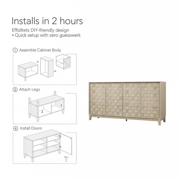 60-Inch Sideboard Buffet Cabinet with 3D Checkerboard Doors & Wood Legs