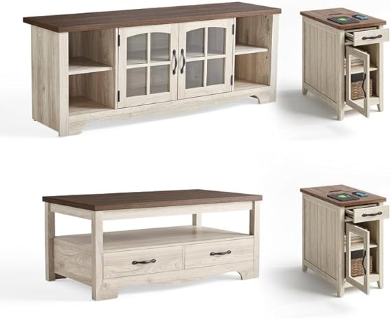 Farmhouse Living Room Table Set 4-Piece with TV Stand, Coffee Table & End Tables