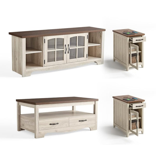 Farmhouse Living Room Table Set 4-Piece with TV Stand, Coffee Table & End Tables