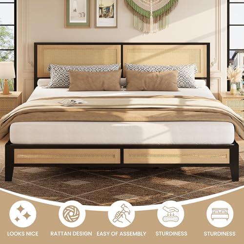 Boho Platform Bed Frame with Rattan Headboard & Underbed Storage