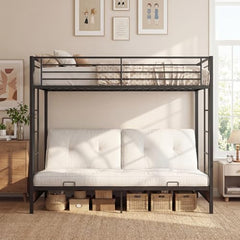 Twin Over Twin Futon Bunk Bed with Ladders & Guardrails