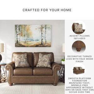 Rustic Faux Leather Loveseat with Nailhead Trim & Throw Pillows