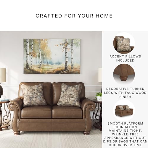 Rustic Faux Leather Loveseat with Nailhead Trim & Throw Pillows