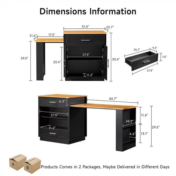 Expandable Kitchen Island with Dining Table & Storage