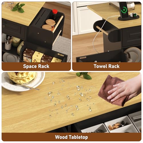 Rolling Kitchen Island with Power Outlet & Drop Leaf