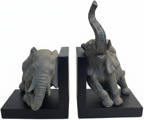 Elephant Bookends – Gray & Black Resin Duo